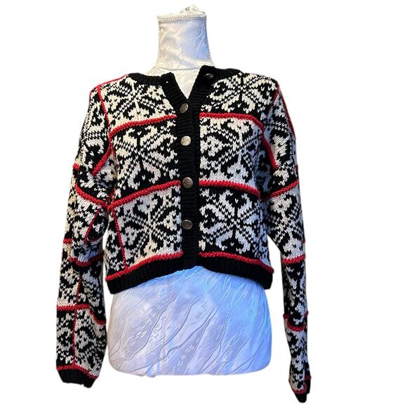 Vintage LizSport Cropped Cardigan Hand Knit Nordic Snowflake Cotton Sz Medium - Picture 1 of 15